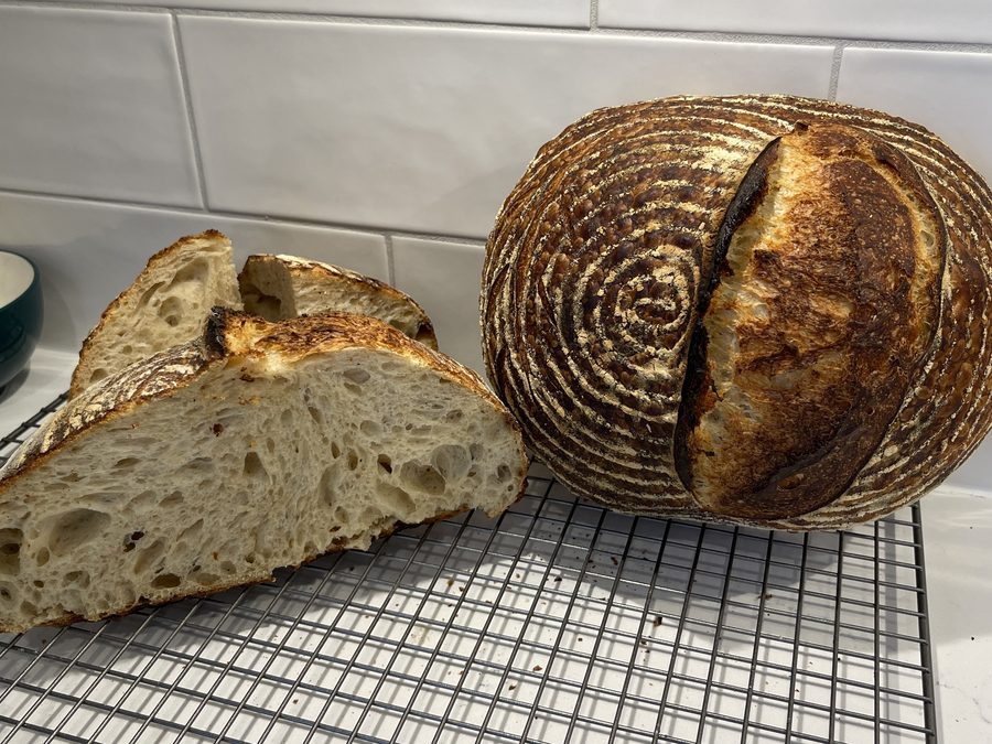 Open sourdough crumb, sliced