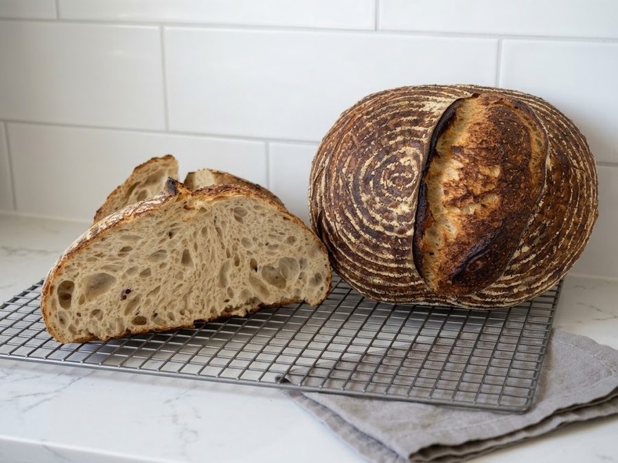 Open sourdough crumb, sliced to reveal the airy texture
