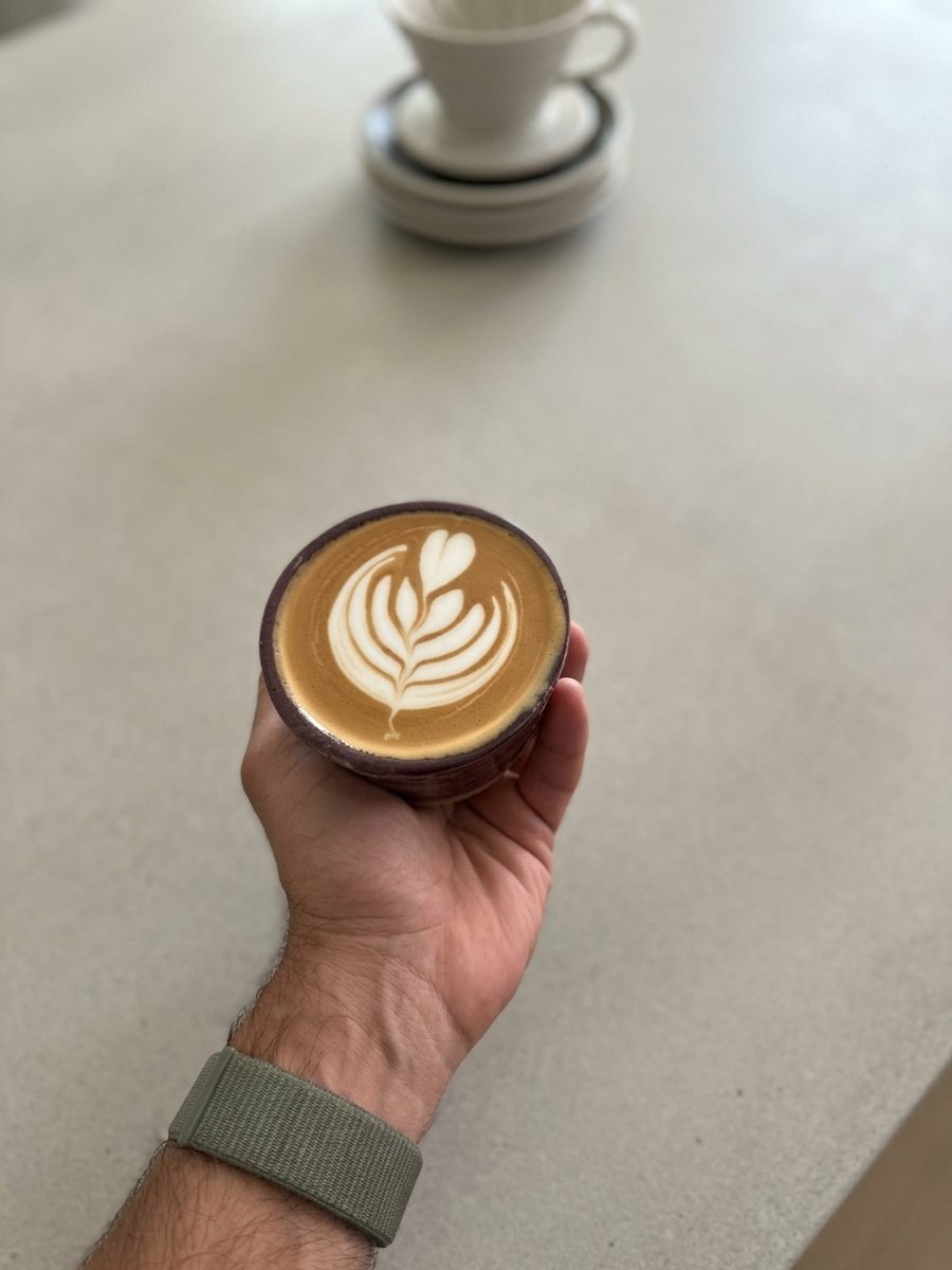 Hand-poured latte art in a Bean and Dough cup